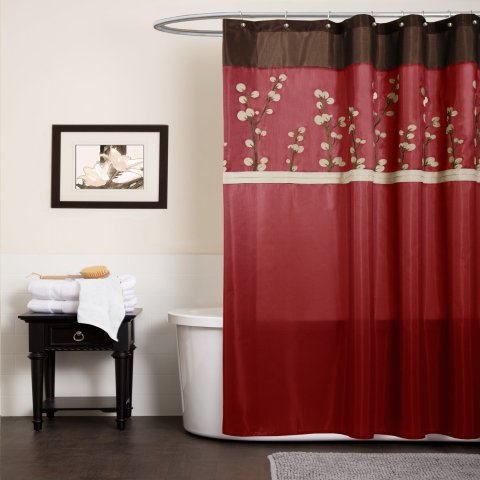 red curtain with acrylic bathtub plus sidetable above picture on the wall for bathroom decor